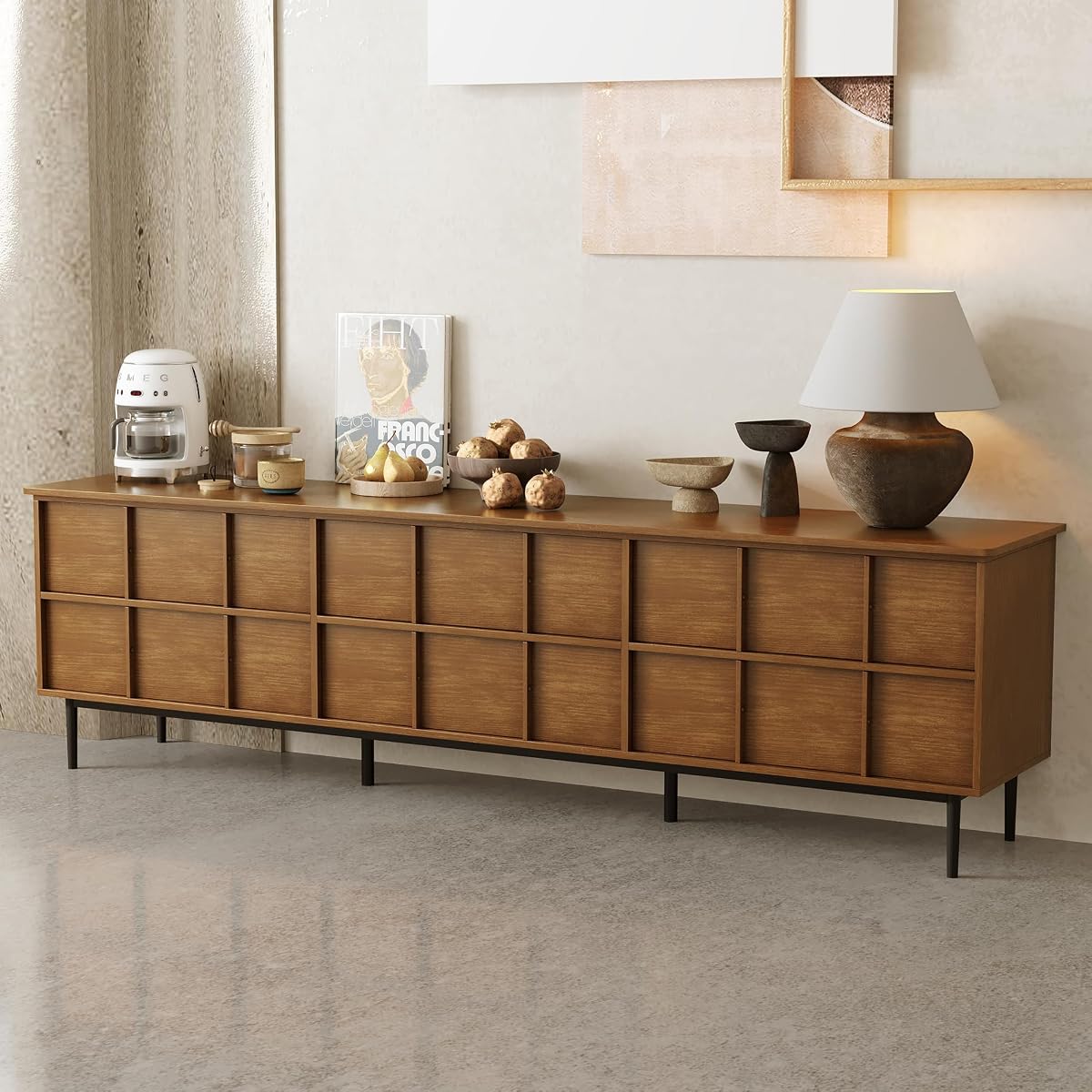 86" Modern Solid Wood Media Console, 6-Drawer Storage Sideboard