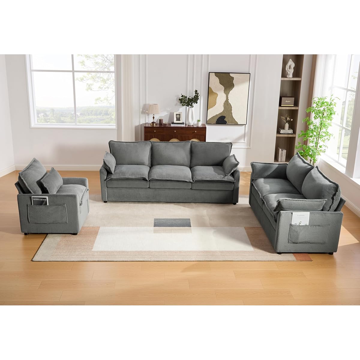 3-Piece Living Room Furniture Set with 3-Seater Sofa, Loveseat and Accent Chair, Side Storage Pocket, Grey