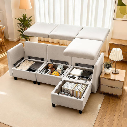 Modular Sectional Sofa, 3-Seater Modular Sofa with Hidden Storage, Customizable Cloud Sectional Couch with Ottoman, Solid Wood Frame Upholstered Couch for Living Room, Bedroom, Beige