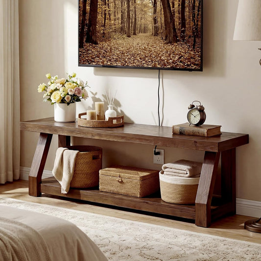 63" Solid Wood TV Stand, 2-Tier Media Console with Open Storage