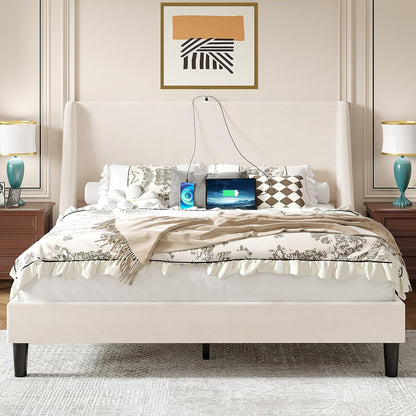 Queen Bed Frame with Upholstered Wingback Headboard
