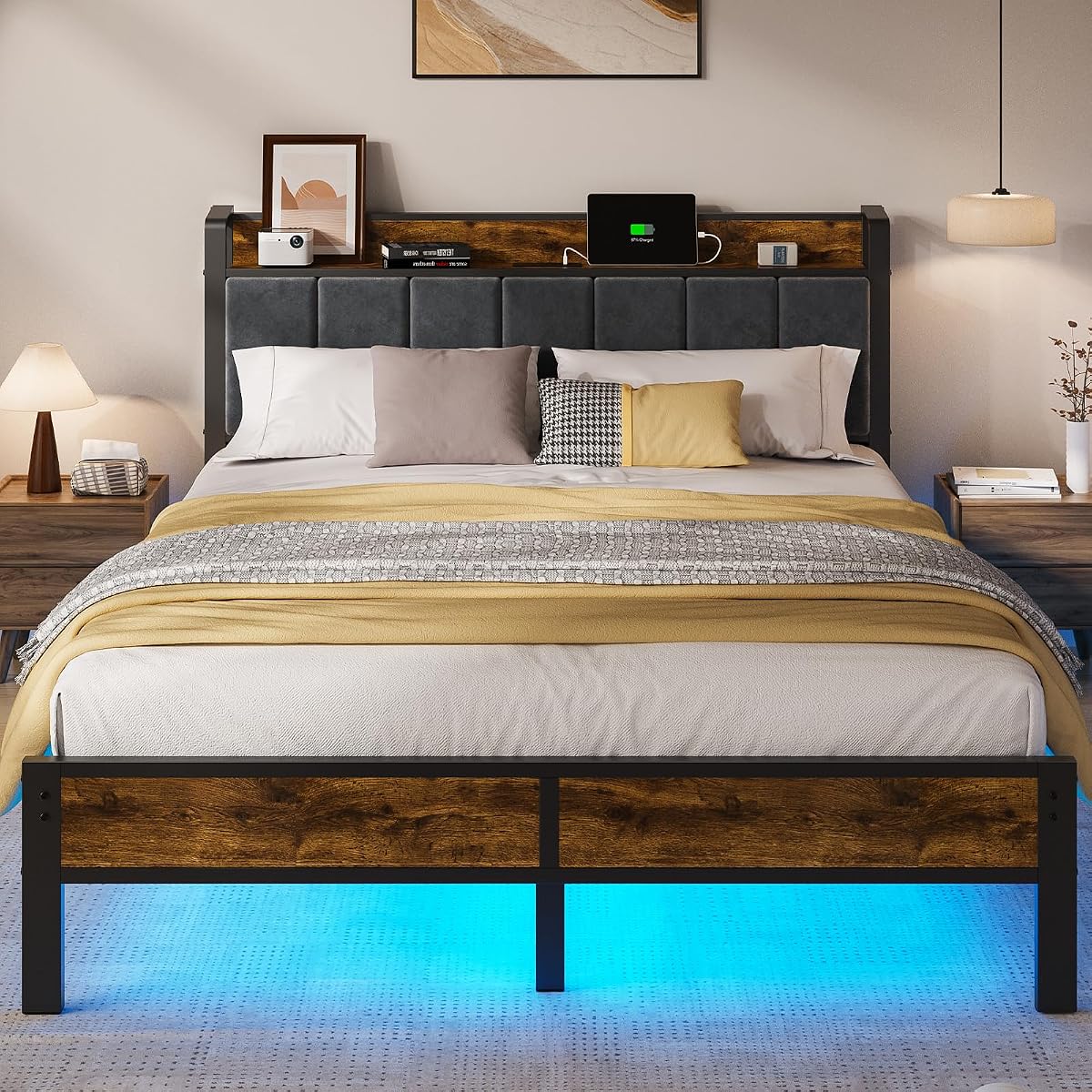 Queen Metal Bed Frame with LED Lights and Storage