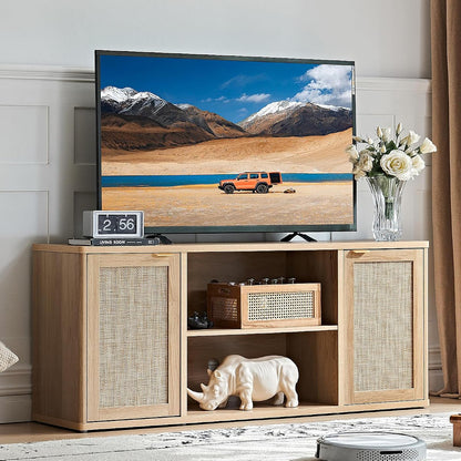 Rattan TV Stands for Living Room, Boho TV Cabinet with Storage and Open Shelf, Rustic Wood Entertainment Center, Media Console for 50-65 Inch TV, Natural Wood