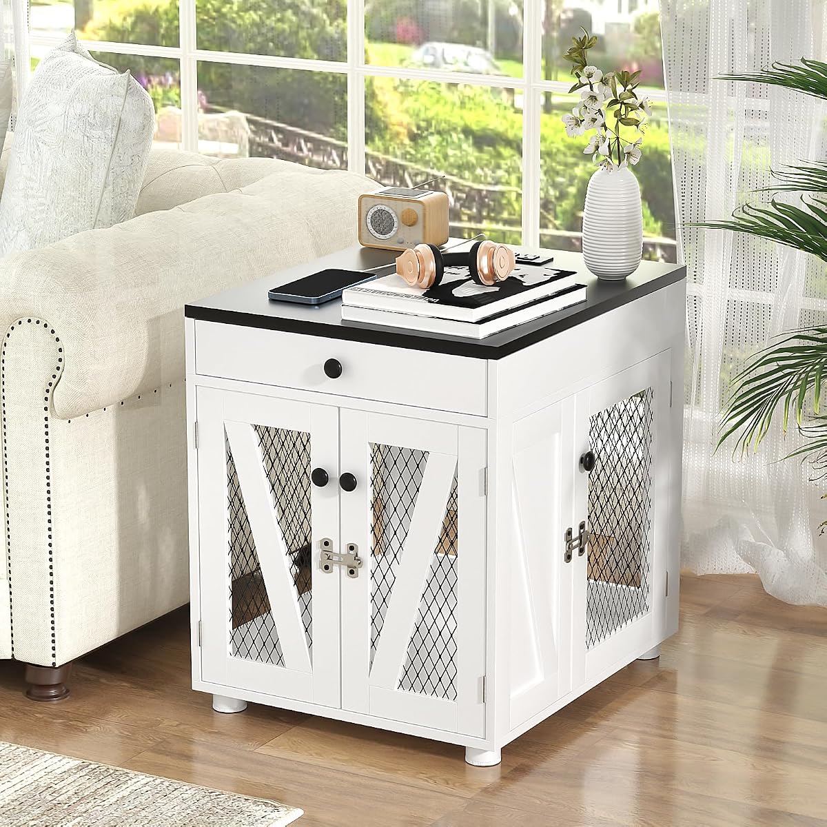 Dog Crate Furniture, Wooden Dog Kennel End Table with USB Charging Station