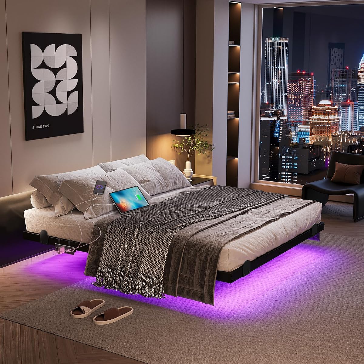 Floating Bed Frame Queen with LED Lights and Charging Station