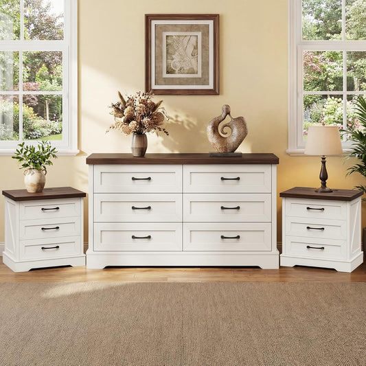 Dresser and Nightstand Sets 3 Piece, Farmhouse 6-Drawer Dresser & 3-Drawer Nightstand, Furniture Set for Bedroom, Rustic White & Dark Walnut