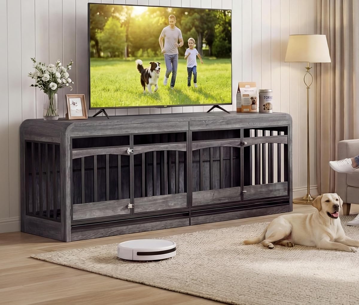 72" Double Dog Crate Furniture, Dog Crates for 2 Medium Dogs, Grey
