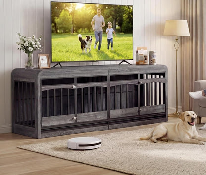 72" Double Dog Crate Furniture, Dog Crates for 2 Medium Dogs, Grey