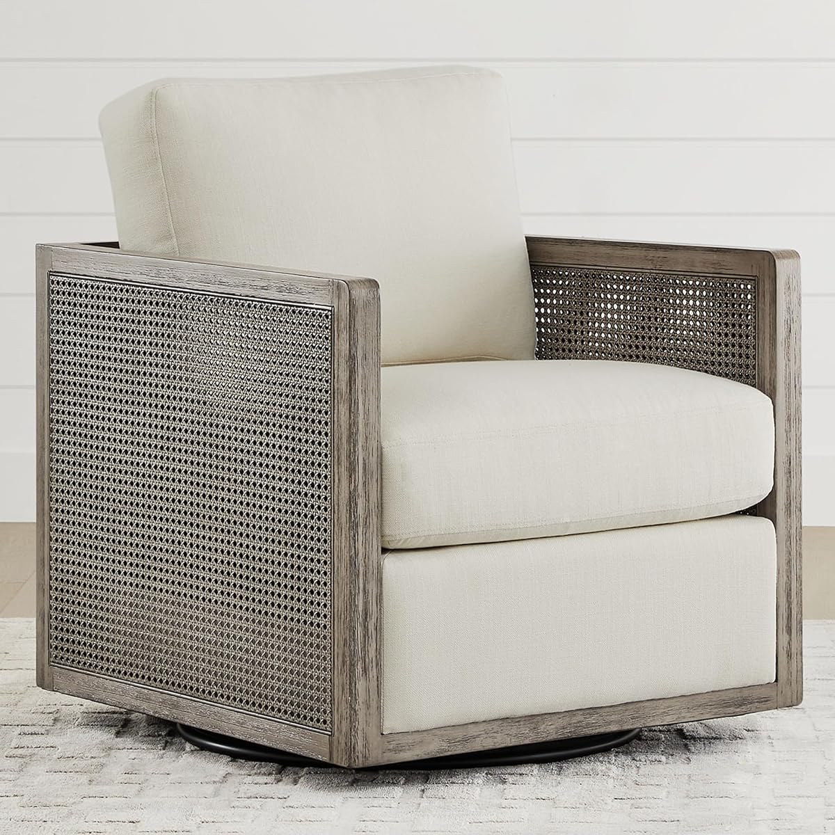 CHITA Rattan Swivel Accent Chair with Wood Frame, Fully Assembled, Cream | Fabric Seat, Rubber Wood and Frame, 29.5"Dx27.6"Wx32.3"H, 350 Lbs Capacity