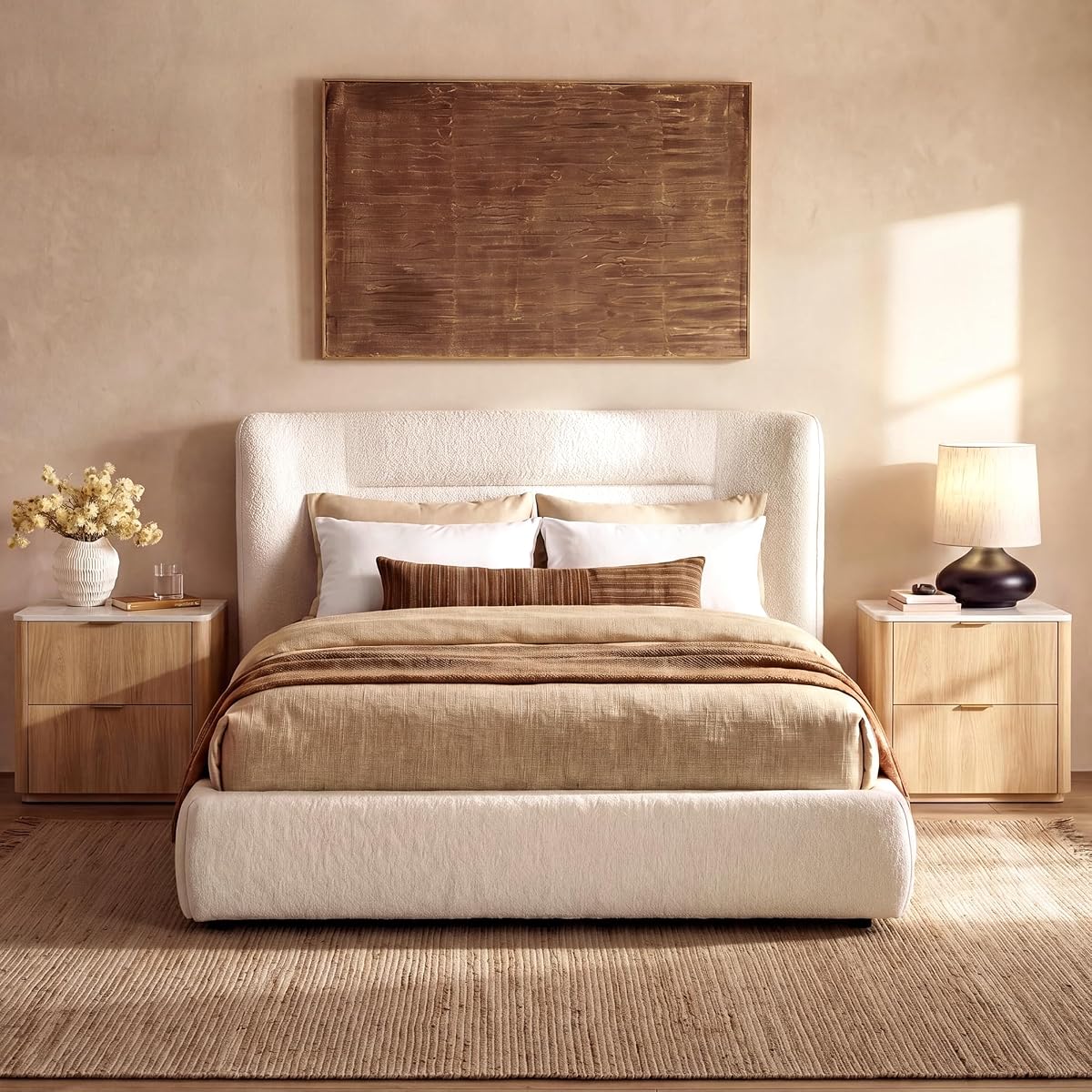 Queen Wood Platform Bed with Winged Headboard, Beige