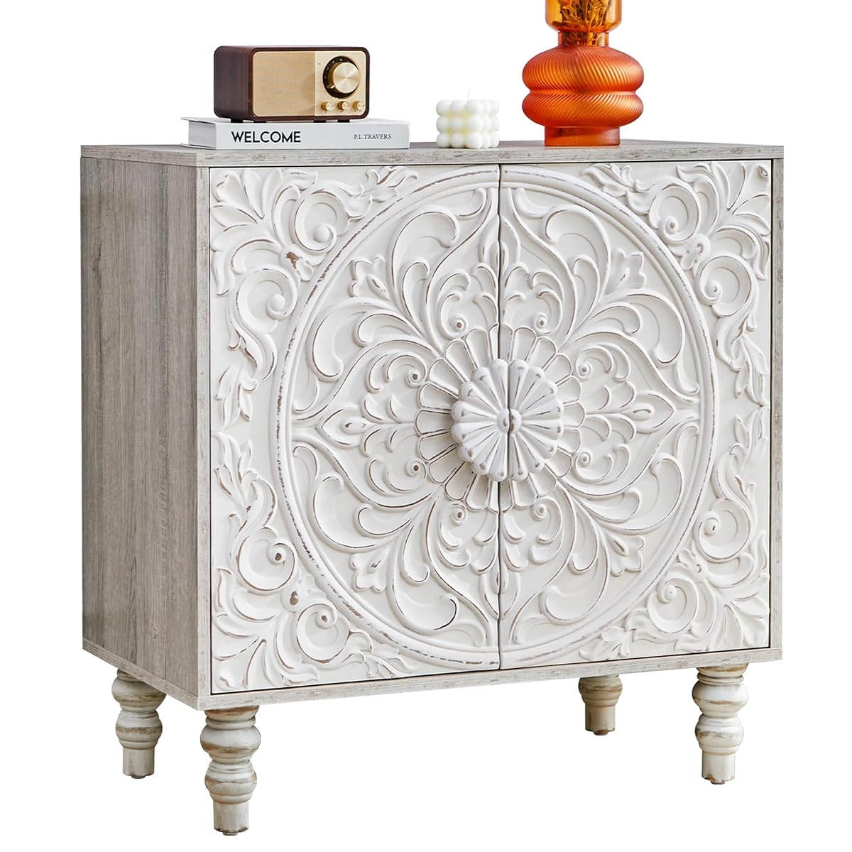 White Distressed Carved Accent Cabinet,2 Door Vintage Storage Sideboard