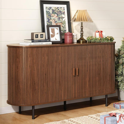 55" Sideboard Buffet Cabinet with Storage, Sliding Door & Adjustable Shelf, Modern Accent Coffee Bar Console Table for Kitchen, Entryway, Walnut