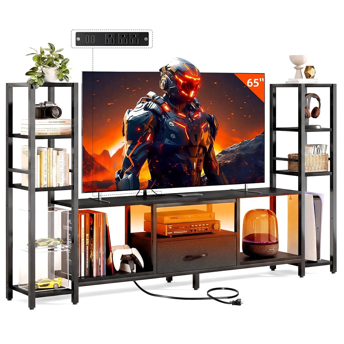 80in TV Stand Up to 65in TV 45in Tall Shelves LED PowerOutlet Black