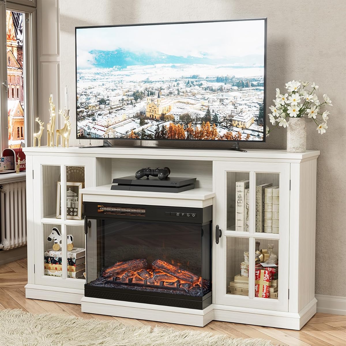 Fireplace TV Stand up to 65", 3-Sided Glass, Distressed White
