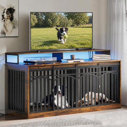 71" Double Dog Crate Furniture with Power Outlets & LED Light