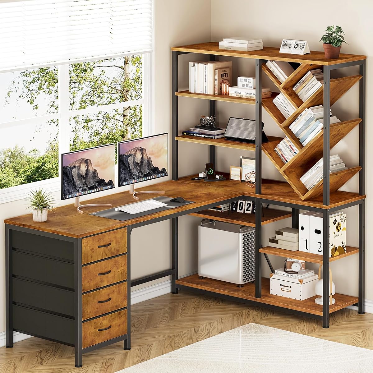 58" L Shaped Desk with Bookshelf and 3 Drawers for Home Office