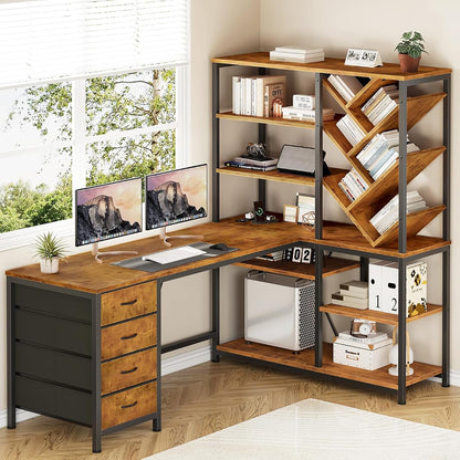 58" L Shaped Desk with Bookshelf and 3 Drawers for Home Office
