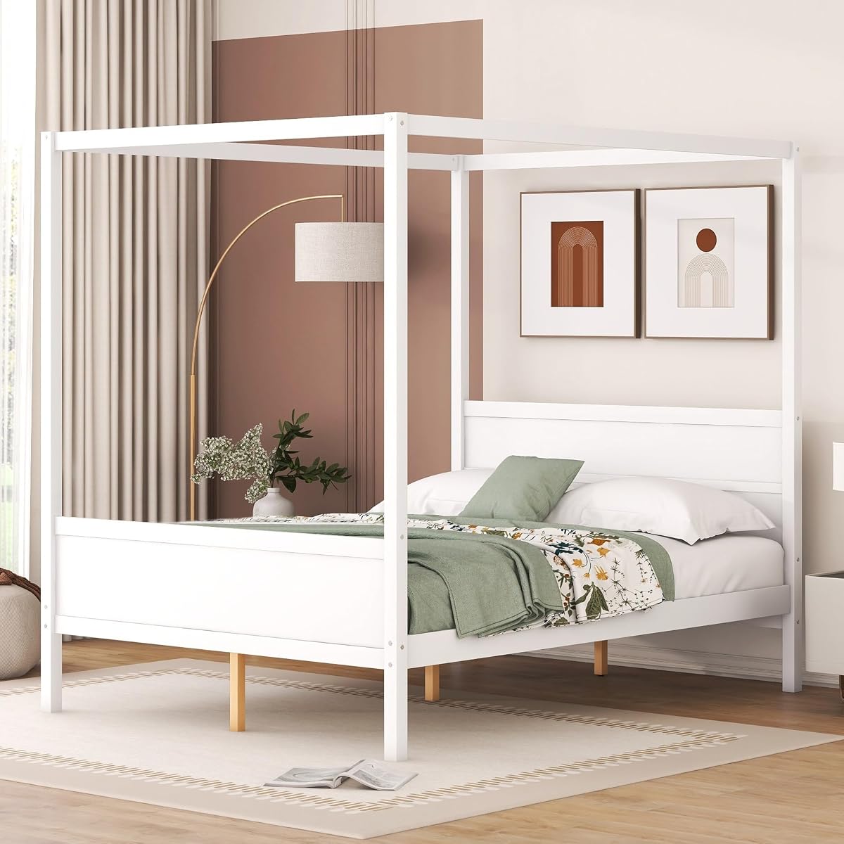 Queen Solid Wood Canopy Bed with Headboard and Footboard, White