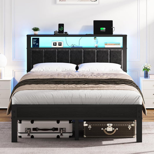 Modern Bed Frame with Lights and Charging Station