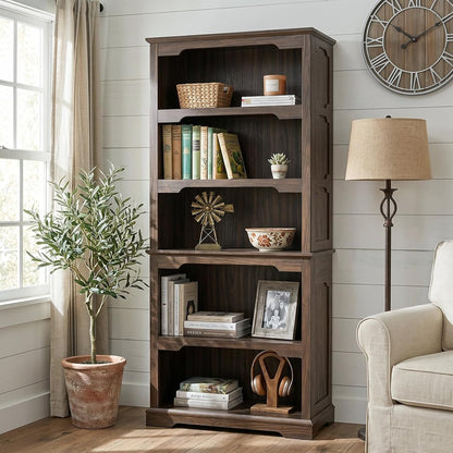 70” Walnut Bookcase Bookshelf, 5-Tier Farmhouse Bookcase Shelves | Country Rustic Bookshelves for Home, Office, School, Library, Walnut Bookcases with Storage, Open Shelf, Arched Design