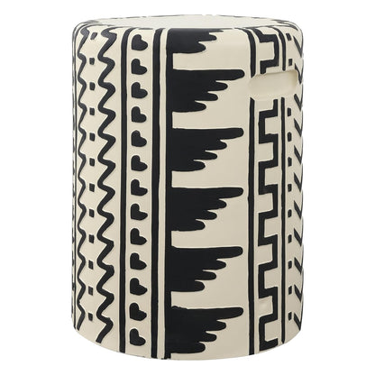 Yoli 18" Geometric Concrete Drum Garden Stool, Black/Cream | Weatherproof Accent Side Table, Indoor Outdoor Versatility, Modern Bohemian Minimalist Style, Integrated Handles