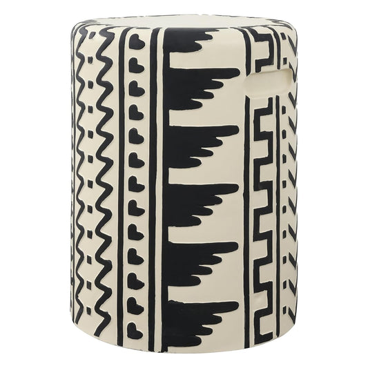 Black and cream geometric concrete drum garden stool