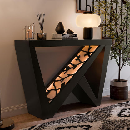 Naomi Modern Decorative Accent LED Console Table with W-Shaped Legs and Remote, Wood Entryway Furniture for Living Room, Hallway, Entrance, Small Spaces, Black