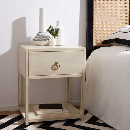 SAFAVIEH Furniture - Sadie 1-Drawer Nightstand - Antique & White - Wood - Glam Gold Hardware Design - Ideal for Bedroom, 21"W x 17.2"D x 26"H - Fully Assembled (NST9201B)