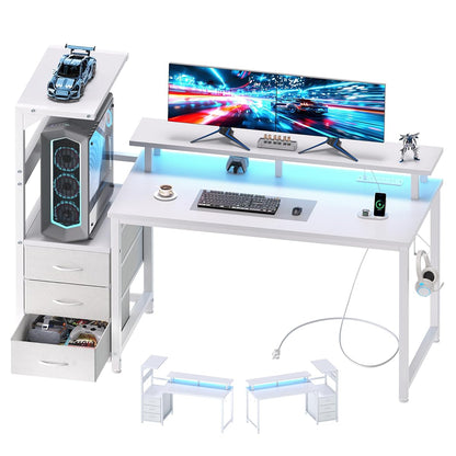 L Shaped Gaming Desk with Shelves Storage Drawers 52'', White Computer Desks with LED Lights Power Outlets, Office Wood Table with PC Stand Cable Management for Bedroom Dual Monitor Streaming