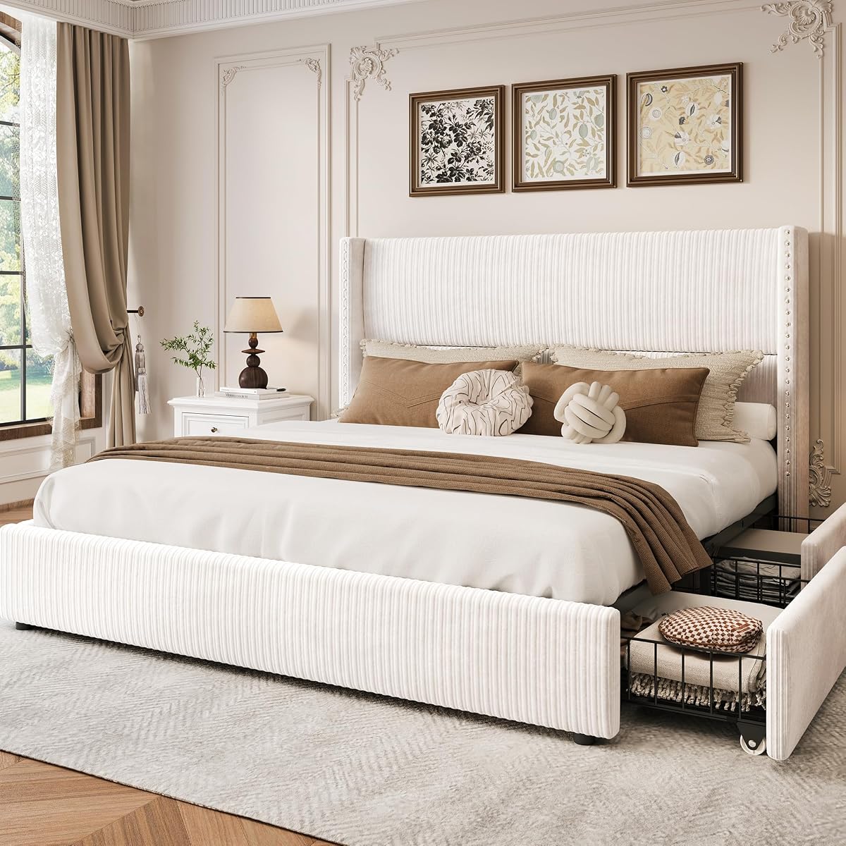 King Size Bed Frame with 4 Storage Drawers Modern White Corduroy Upholstered