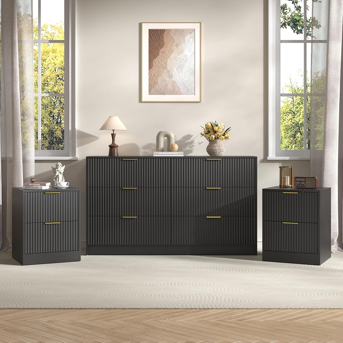 3-Piece Modern Bedroom Furniture Set, Wide 6-Drawer Dresser & 2-Drawer Nightstands Set of 2, Natural Wood Dresser and Nightstand Sets for Bedroom, Hallway, Black