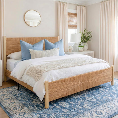 Solid Wood Rattan King Bed Frame with Tall Headboard and Footboard