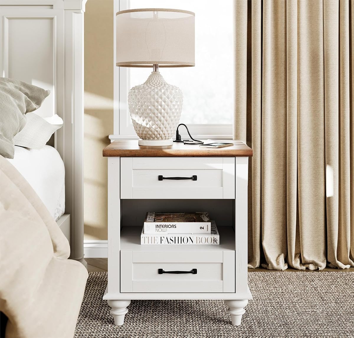White Side Table with 2 Drawers & Charging Station, Mid Century Nightstand for Bedroom with Power Outlets & USB Ports, Wooden Bedside Table Night Stand with Shelf for Living Room, Antique White
