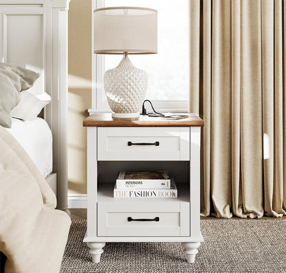 White Side Table with 2 Drawers & Charging Station, Mid Century Nightstand for Bedroom with Power Outlets & USB Ports, Wooden Bedside Table Night Stand with Shelf for Living Room, Antique White
