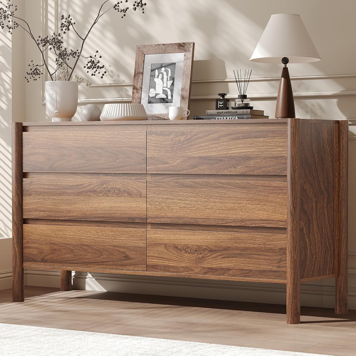 47.2" Wide Walnut 6 Drawer Dresser for Bedroom with Solid Wood Legs