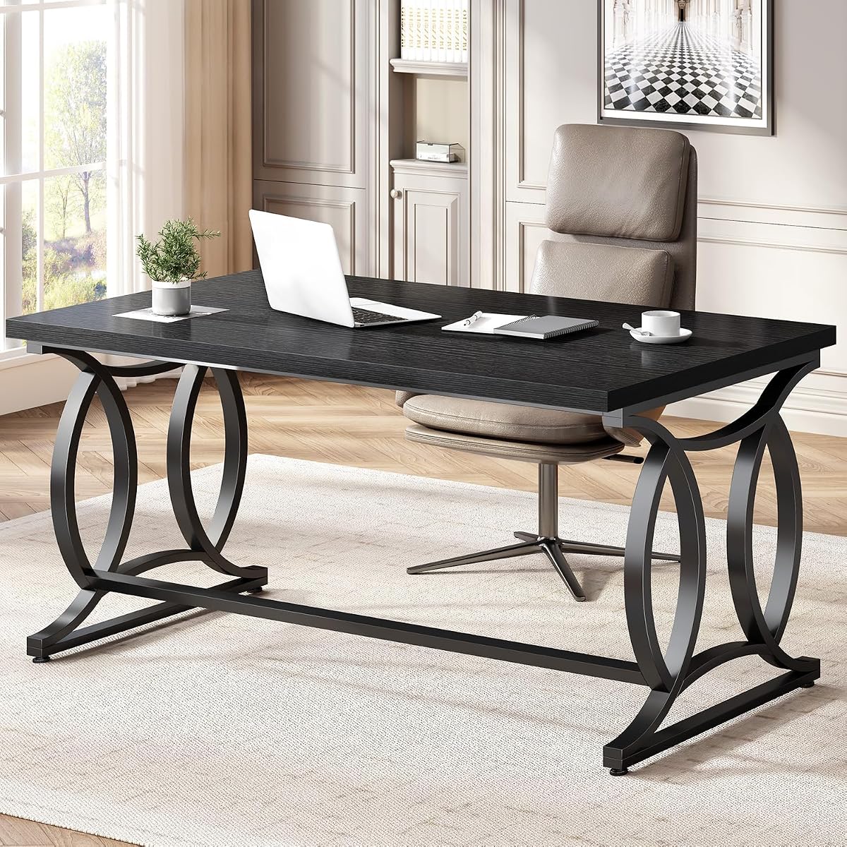 Black Home Office Desk, 55 Inch Metal Wood Computer Desk