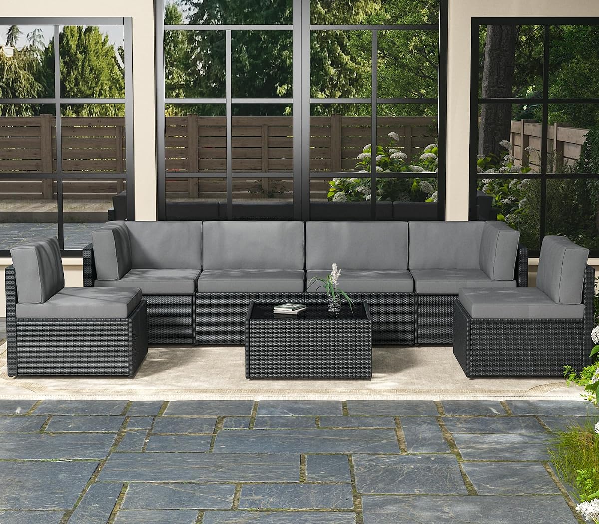 7 Piece Outdoor Patio Furniture Set, Outdoor Sectional Conversation Furniture Chair with Coffee Table,Patio Sectional for Garden,Backyard(Grey Cushions and Black PE Rattan)