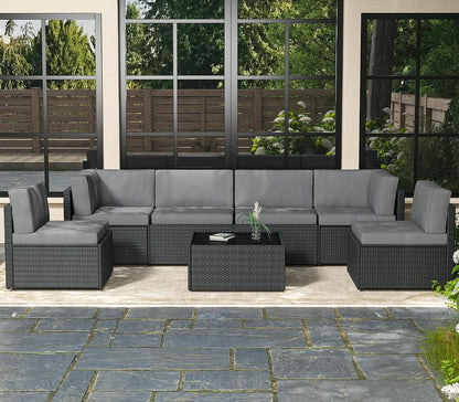 7 Piece Outdoor Patio Furniture Set, Outdoor Sectional Conversation Furniture Chair with Coffee Table,Patio Sectional for Garden,Backyard(Grey Cushions and Black PE Rattan)