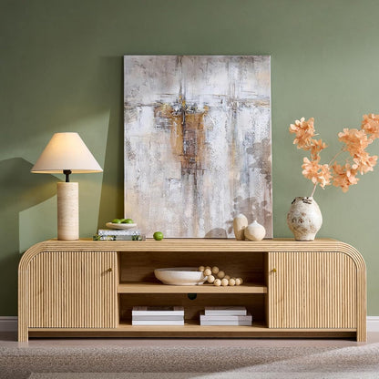 70" Modern Fluted TV Stand with Storage, Natural Oak