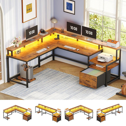 66" Reversible L Shaped Office Desk with Power Outlet, File Drawer