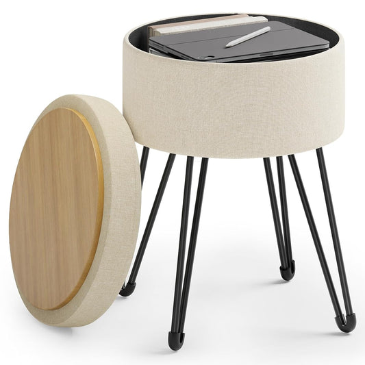 SONGMICS Vanity Stool Chair, Small Ottoman Stool with Storage, Vanity Chair, 15.4 Dia. x 17.4 Inches, 4 Metal Legs, for Makeup Room, for Living Room, Bedroom, Cream White ULOM002W01