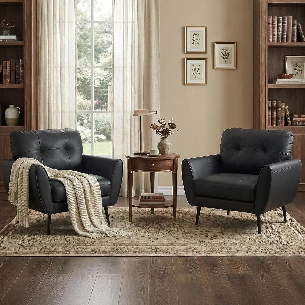 Black Leather Accent Chairs Set of 2, Tufted Reading Chairs for Living Room | Faux Leather Upholstery, Leather Armchairs, Mid-Century Modern, Tufted Design, Office, Bedroom, Salon, Reception