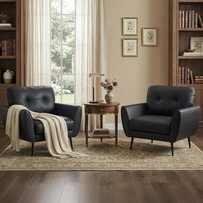 Black Leather Accent Chairs Set of 2, Tufted Reading Chairs for Living Room | Faux Leather Upholstery, Leather Armchairs, Mid-Century Modern, Tufted Design, Office, Bedroom, Salon, Reception