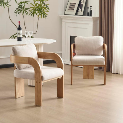 Yorick Modern Dining Chair Set of 2 with Cushion, Solid Wood Dining Room Armchair Set, Curved Backrest Kitchen Side Chair, Living Room Comfy Extra Seat, Natural+Beige