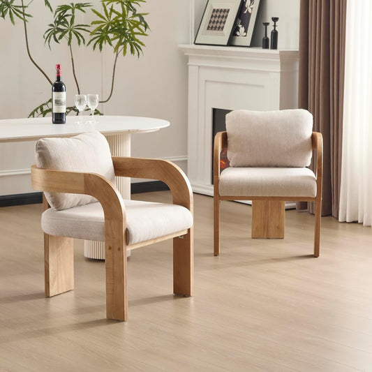 Yorick Modern Dining Chair Set of 2 with Cushion, Solid Wood Dining Room Armchair Set, Curved Backrest Kitchen Side Chair, Living Room Comfy Extra Seat, Natural+Beige
