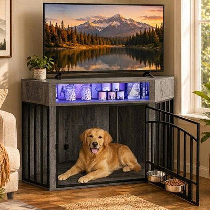 Corner Dog Crate Furniture - Wooden Dog Cage with 2 Swivel Bowls