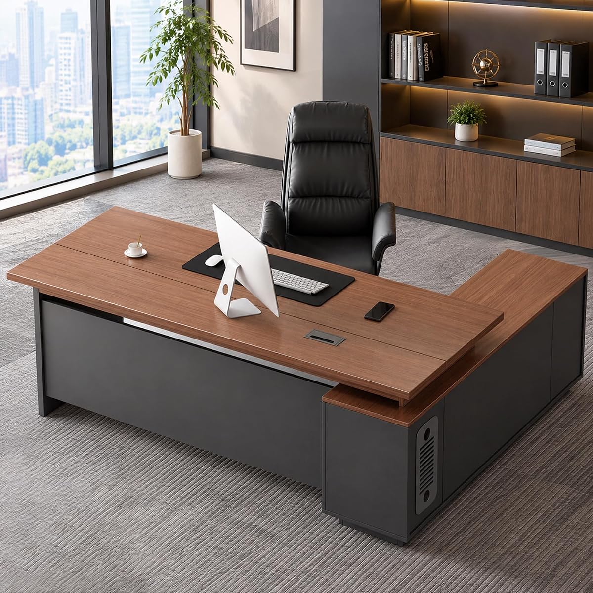 63" L-Shaped Executive Desk with Drawers, Office Desk with Storage