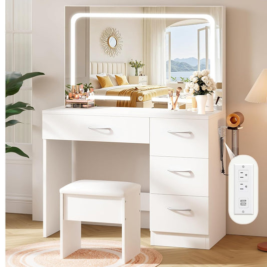 35.4" White Vanity Desk Set with Full-Width LED Mirror & Stool