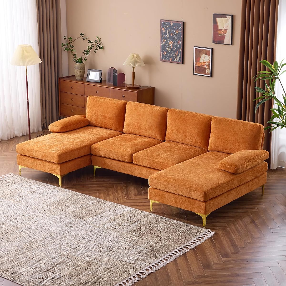 110" Sectional Couches for Living Room,U Shape Couch with Double Chaise, 4-Seat Sofa Set with Chenille Fabric for Home Furniture,Burnt Orange