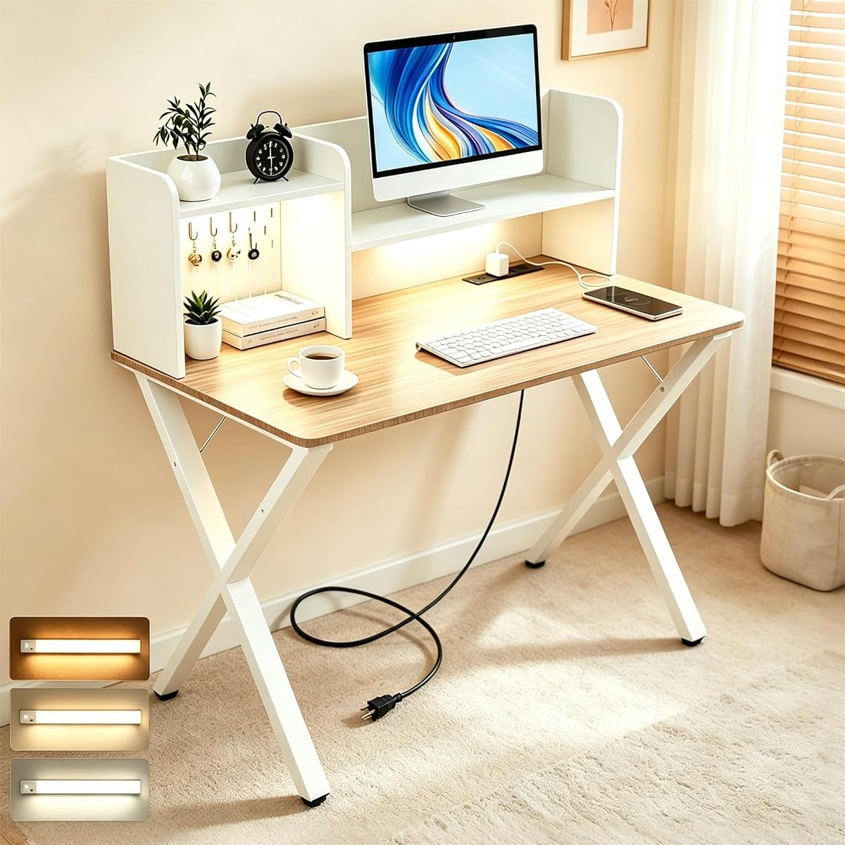 44"×24" White Computer Desk with Charging Ports & Hutch Pegboard